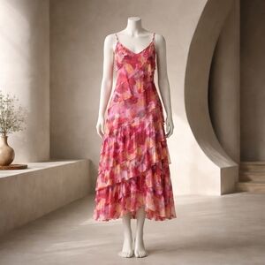 Floral Ruffle Midi Dress - Pink and Orange